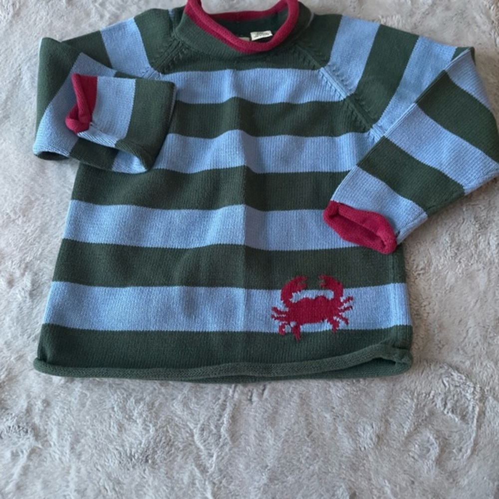 LL Bean Striped Green and Blue Kids Sweater with Red crab & Accents roll neck